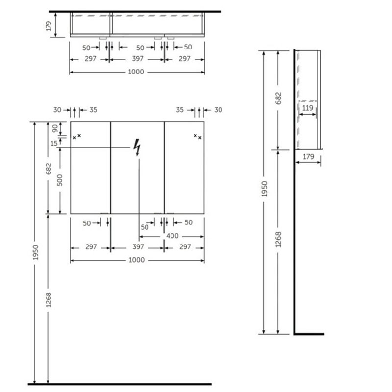 Dulap suspendat cu oglindă Rak Joy, cu 3 uși, 100 cm - imagine 2