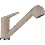 Baterie bucatarie Schock Cosmo Cristalite Sabbia cu cap extractibil, 2 tipuri de jet, aspect granit, cartus ceramic, crem