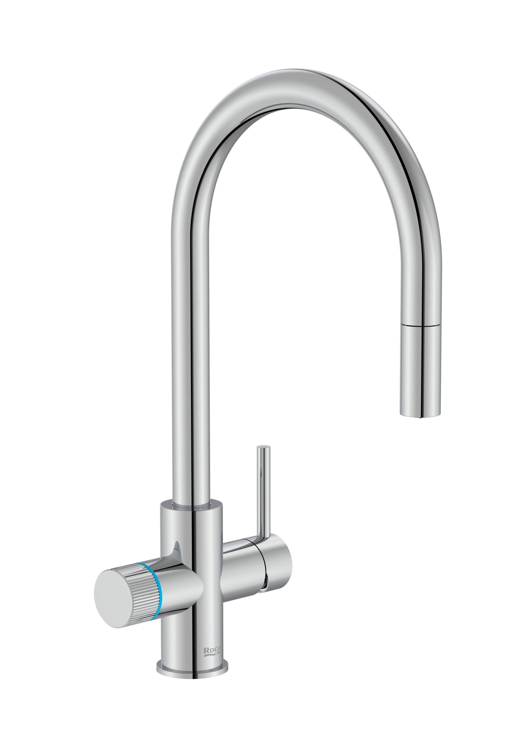 Baterie bucătărie cu funcție suplimentară pentru filtrarea apei Roca Aquafy, cap extractabil, crom lucios - imagine 1