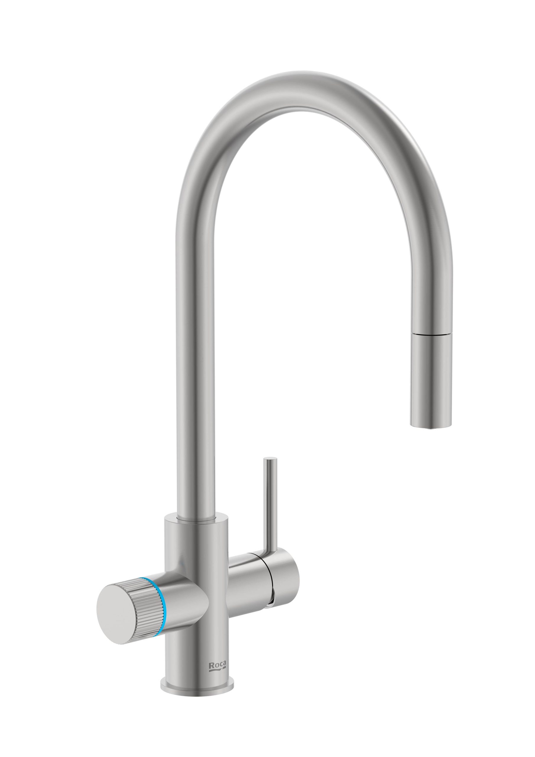 Baterie bucătărie cu funcție suplimentară pentru filtrarea apei Roca Aquafy, cap extractabil, inox periat - imagine 1
