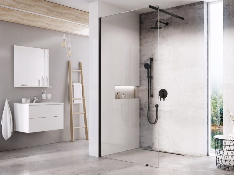Paravan de duș walk-in Ravak Wall, 100×200 cm, profil negru+sticlă ...